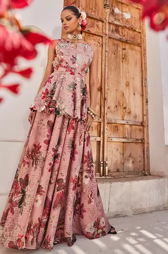 Mauve embroidered chiffon co ord set