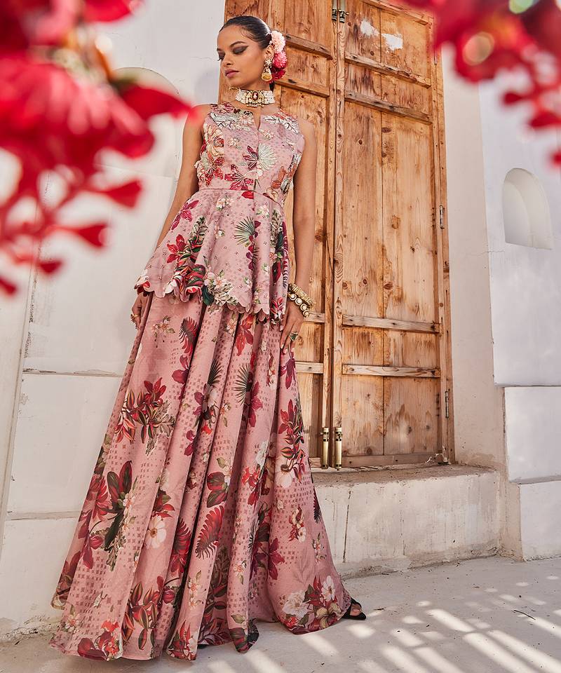 Mauve embroidered chiffon co ord set