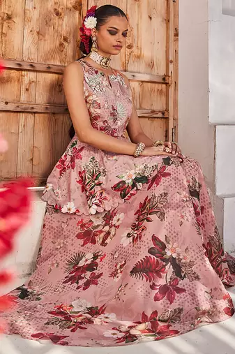Mauve embroidered chiffon co ord set