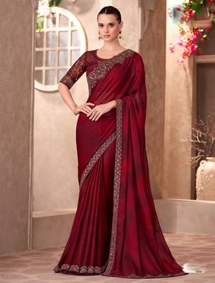 Maroon satin silk blend embroidered saree with unstitched blouse piece 1