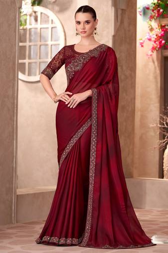 Maroon satin silk blend embroidered saree with unstitched blouse piece