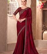 Maroon satin silk blend embroidered saree with unstitched blouse piece