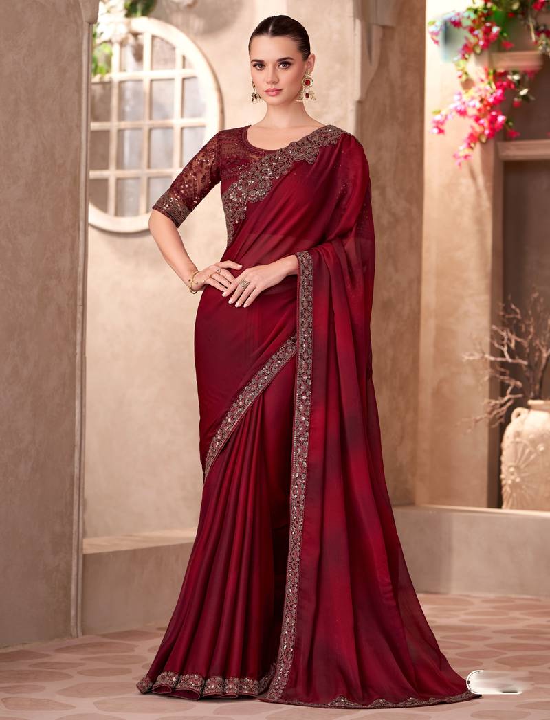 Maroon satin silk blend embroidered saree with unstitched blouse piece
