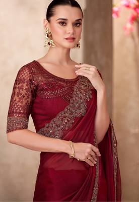 Maroon satin silk blend embroidered saree with unstitched blouse piece 2