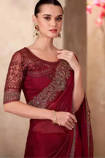 Maroon satin silk blend embroidered saree with unstitched blouse piece