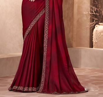 Maroon satin silk blend embroidered saree with unstitched blouse piece 3