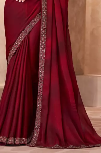 Maroon satin silk blend embroidered saree with unstitched blouse piece