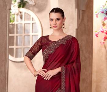 Maroon satin silk blend embroidered saree with unstitched blouse piece 4