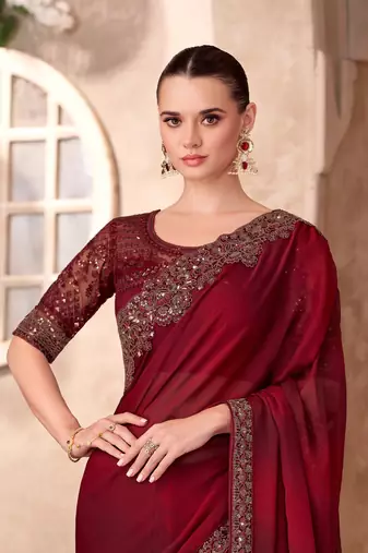 Maroon satin silk blend embroidered saree with unstitched blouse piece