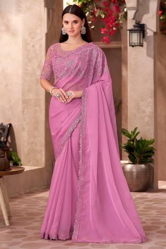 Pink silk blend chiffon embroidered saree with unstitched blouse piece