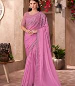 Pink silk blend chiffon embroidered saree with unstitched blouse piece