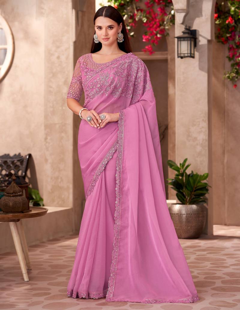 Pink silk blend chiffon embroidered saree with unstitched blouse piece