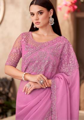 Pink silk blend chiffon embroidered saree with unstitched blouse piece 2