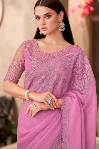 Pink silk blend chiffon embroidered saree with unstitched blouse piece