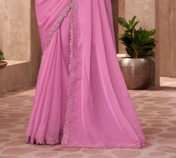 Pink silk blend chiffon embroidered saree with unstitched blouse piece 3