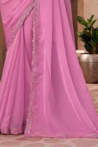 Pink silk blend chiffon embroidered saree with unstitched blouse piece