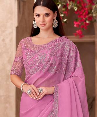 Pink silk blend chiffon embroidered saree with unstitched blouse piece 4