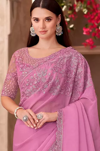 Pink silk blend chiffon embroidered saree with unstitched blouse piece