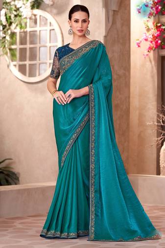 Teal satin georgette embroidered saree with unstitched blouse piece