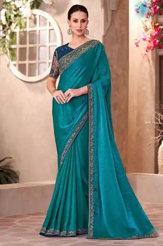 Teal satin georgette embroidered saree with unstitched blouse piece