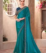 Teal satin georgette embroidered saree with unstitched blouse piece