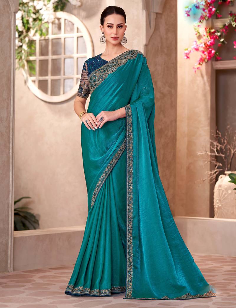 Teal satin georgette embroidered saree with unstitched blouse piece