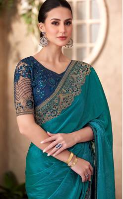 Teal satin georgette embroidered saree with unstitched blouse piece 2