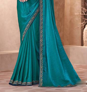 Teal satin georgette embroidered saree with unstitched blouse piece 3