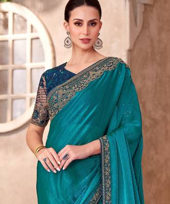 Teal satin georgette embroidered saree with unstitched blouse piece 4