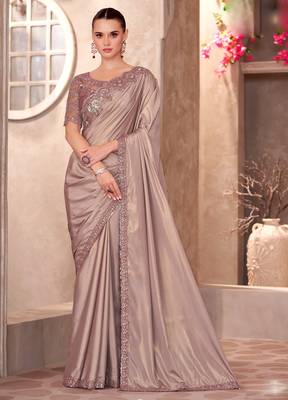 Beige shimmer silk blend embroidered saree with unstitched blouse piece 1