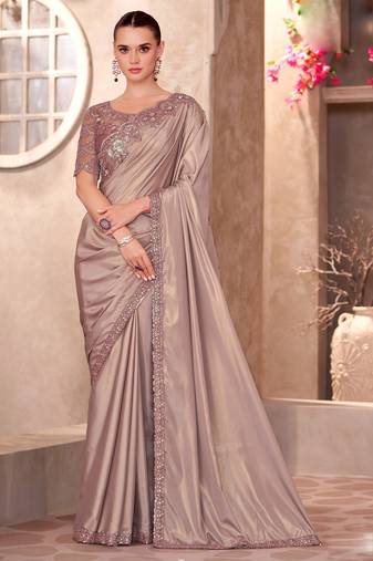 Beige shimmer silk blend embroidered saree with unstitched blouse piece