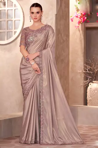 Beige shimmer silk blend embroidered saree with unstitched blouse piece