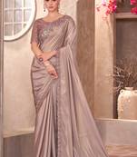 Beige shimmer silk blend embroidered saree with unstitched blouse piece