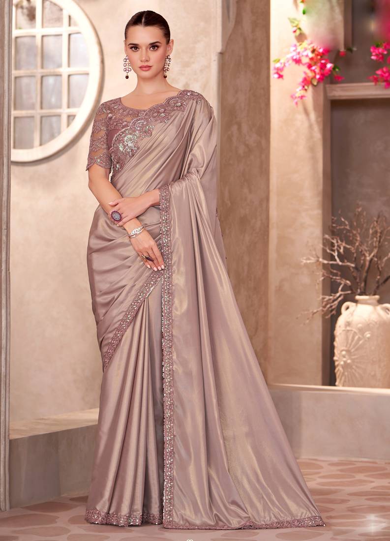 Beige shimmer silk blend embroidered saree with unstitched blouse piece