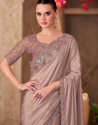 Beige shimmer silk blend embroidered saree with unstitched blouse piece 2