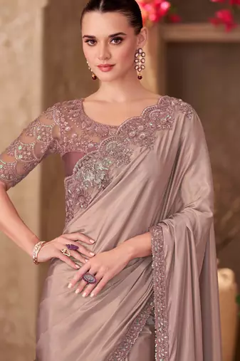 Beige shimmer silk blend embroidered saree with unstitched blouse piece