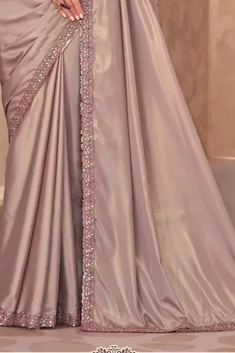 Beige shimmer silk blend embroidered saree with unstitched blouse piece