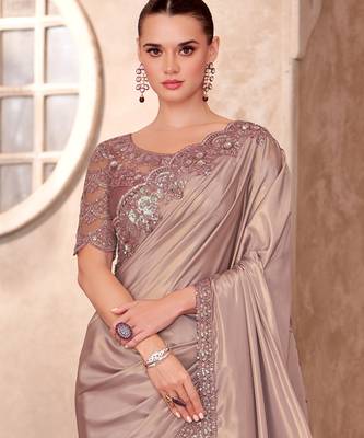 Beige shimmer silk blend embroidered saree with unstitched blouse piece 4