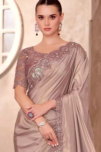 Beige shimmer silk blend embroidered saree with unstitched blouse piece