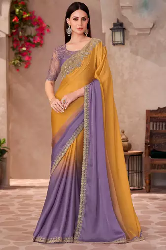 Lavender & mustard satin silk blend embroidered saree with unstitched blouse piece