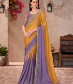 Lavender & mustard satin silk blend embroidered saree with unstitched blouse piece