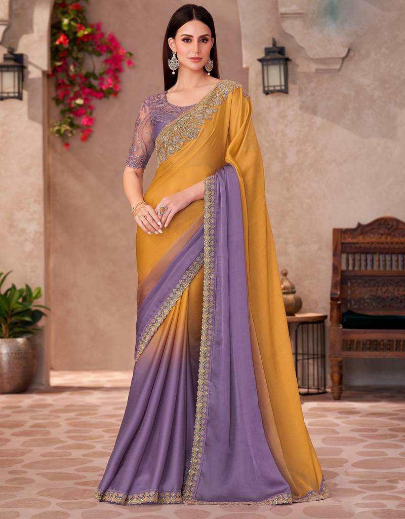 Lavender & mustard satin silk blend embroidered saree with unstitched blouse piece