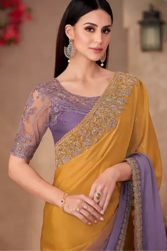 Lavender & mustard satin silk blend embroidered saree with unstitched blouse piece