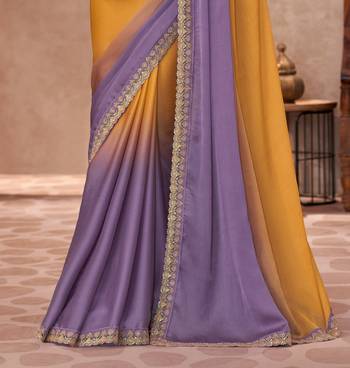 Lavender & mustard satin silk blend embroidered saree with unstitched blouse piece 3