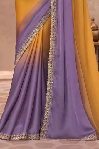 Lavender & mustard satin silk blend embroidered saree with unstitched blouse piece