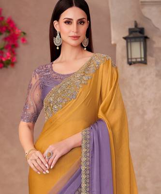 Lavender & mustard satin silk blend embroidered saree with unstitched blouse piece 4