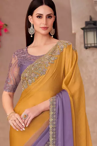 Lavender & mustard satin silk blend embroidered saree with unstitched blouse piece