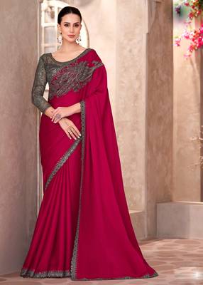 Rani silk blend chiffon embroidered saree with unstitched blouse piece 1
