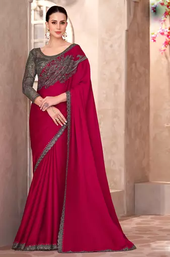 Rani silk blend chiffon embroidered saree with unstitched blouse piece