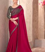 Rani silk blend chiffon embroidered saree with unstitched blouse piece
